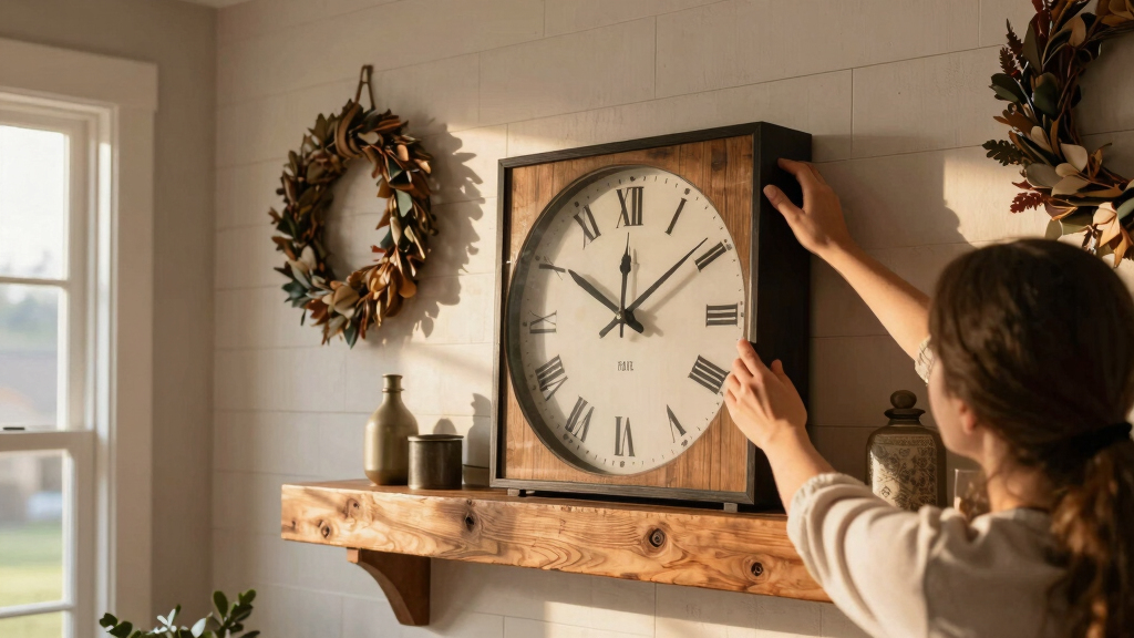Farmhouse Wall Clock Styling: Shiplap, Wreaths, and Mantels